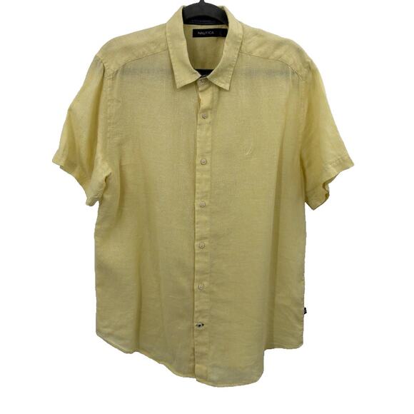 Nautica Linen Shirt Men Large Short Sleeve Button Down Yellow Minimalist Coastal - Picture 1 of 12